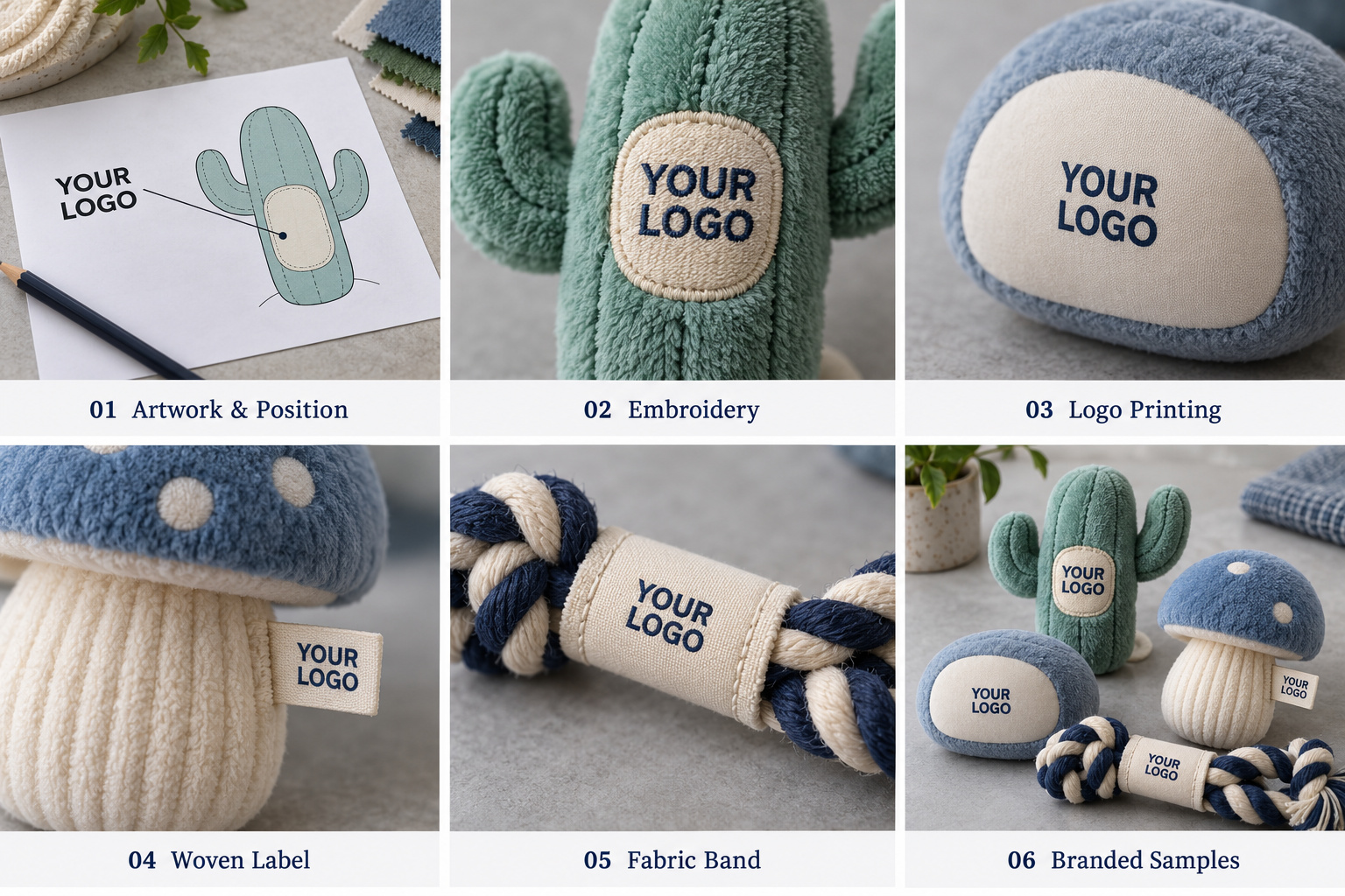 Custom pet toy branding and logo application samples