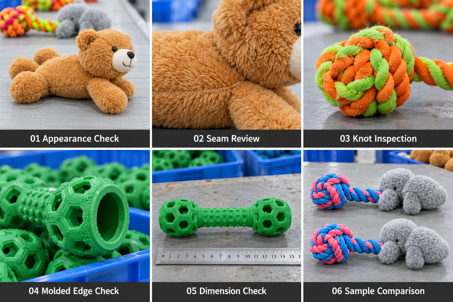 Final pet toy checks for appearance, seams, knots and dimensions.