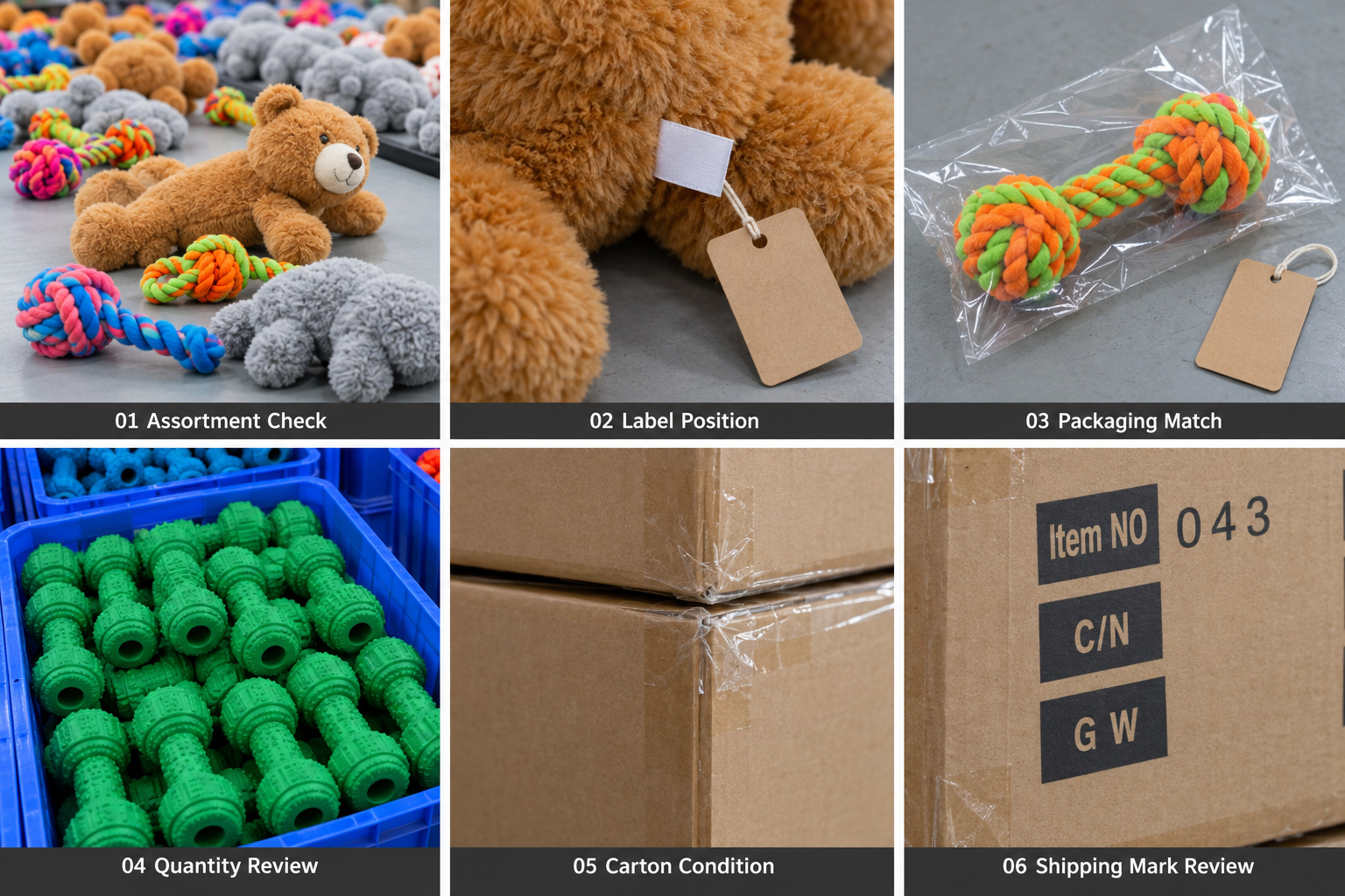 Final pet toy checks for assortment, labels, packaging and cartons.