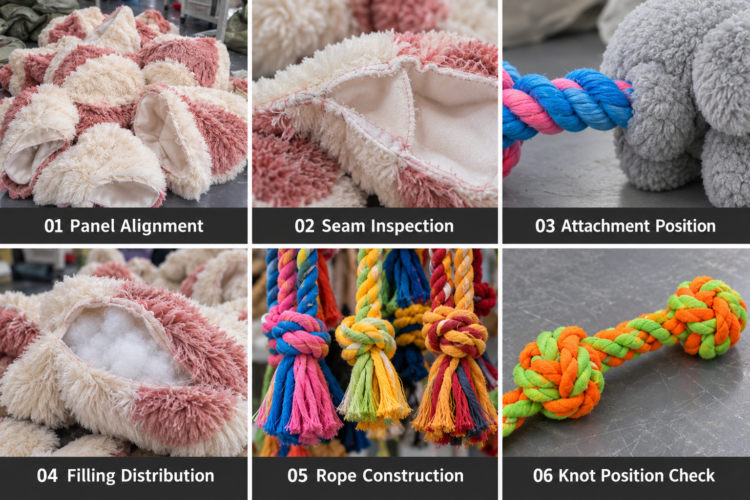 In-process inspection of plush pet toy seams, filling and rope connections.