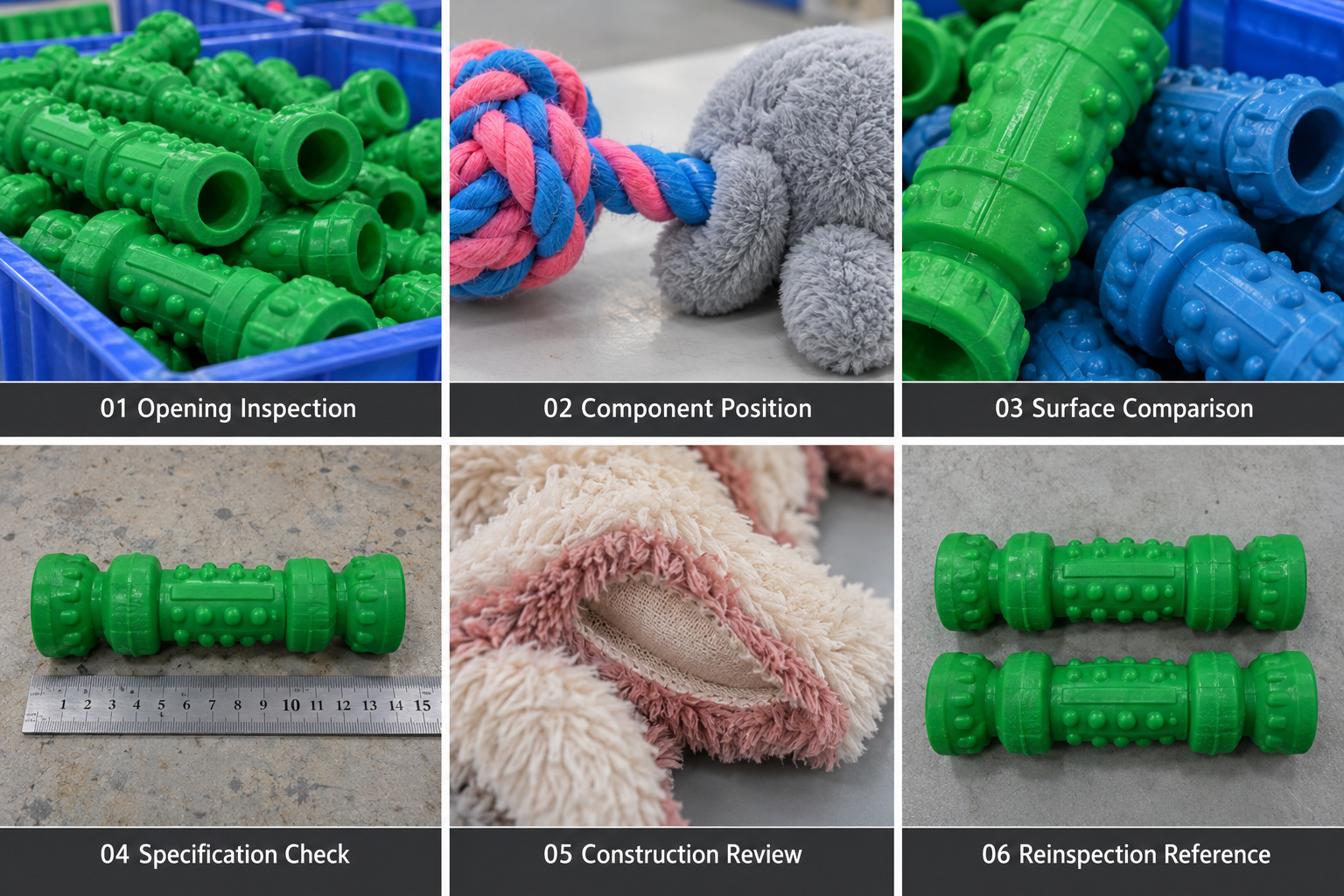 In-process pet toy inspection of surfaces, dimensions and component placement.