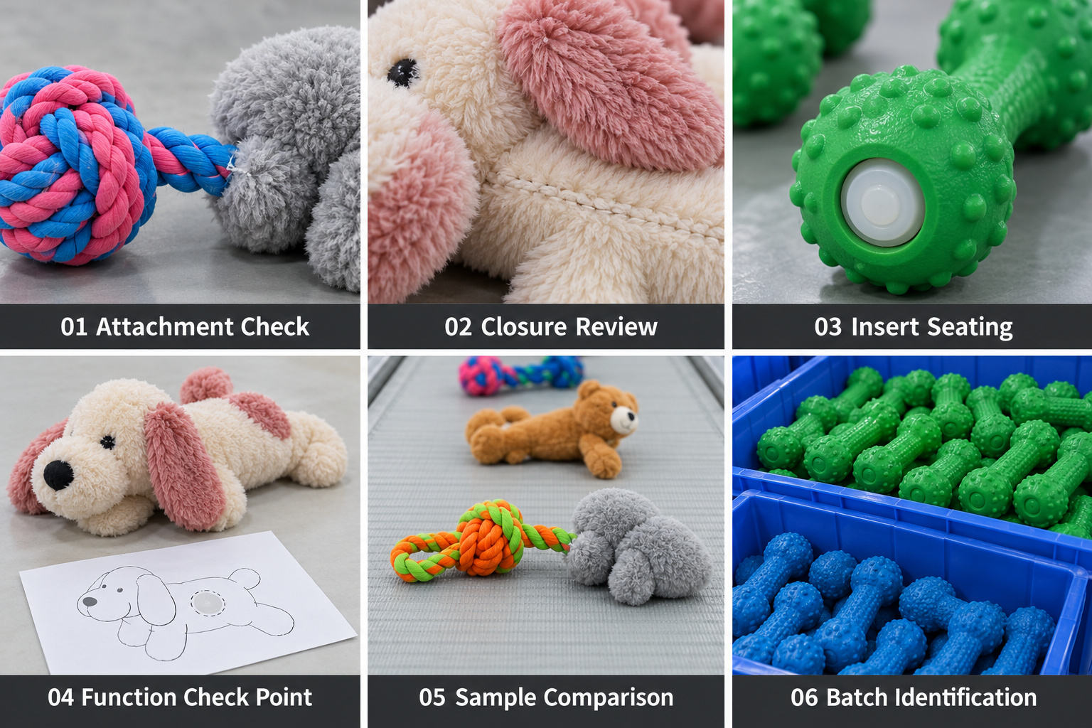 Pet toy attachment, closure and squeaker fit checks.