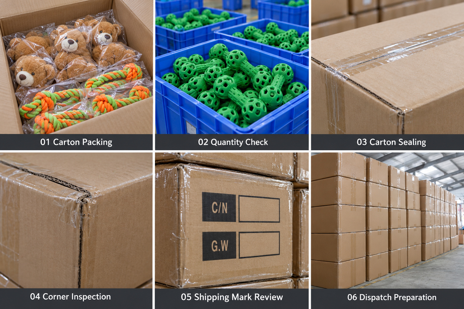 Pet toy carton packing, sealing, shipping marks and dispatch preparation.