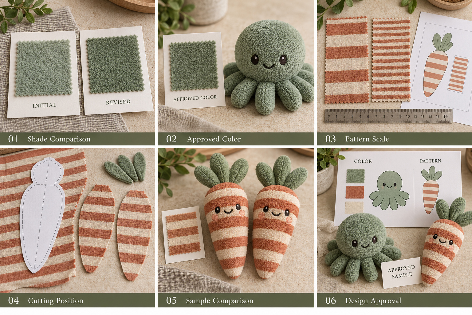Pet toy color samples and pattern approval checks