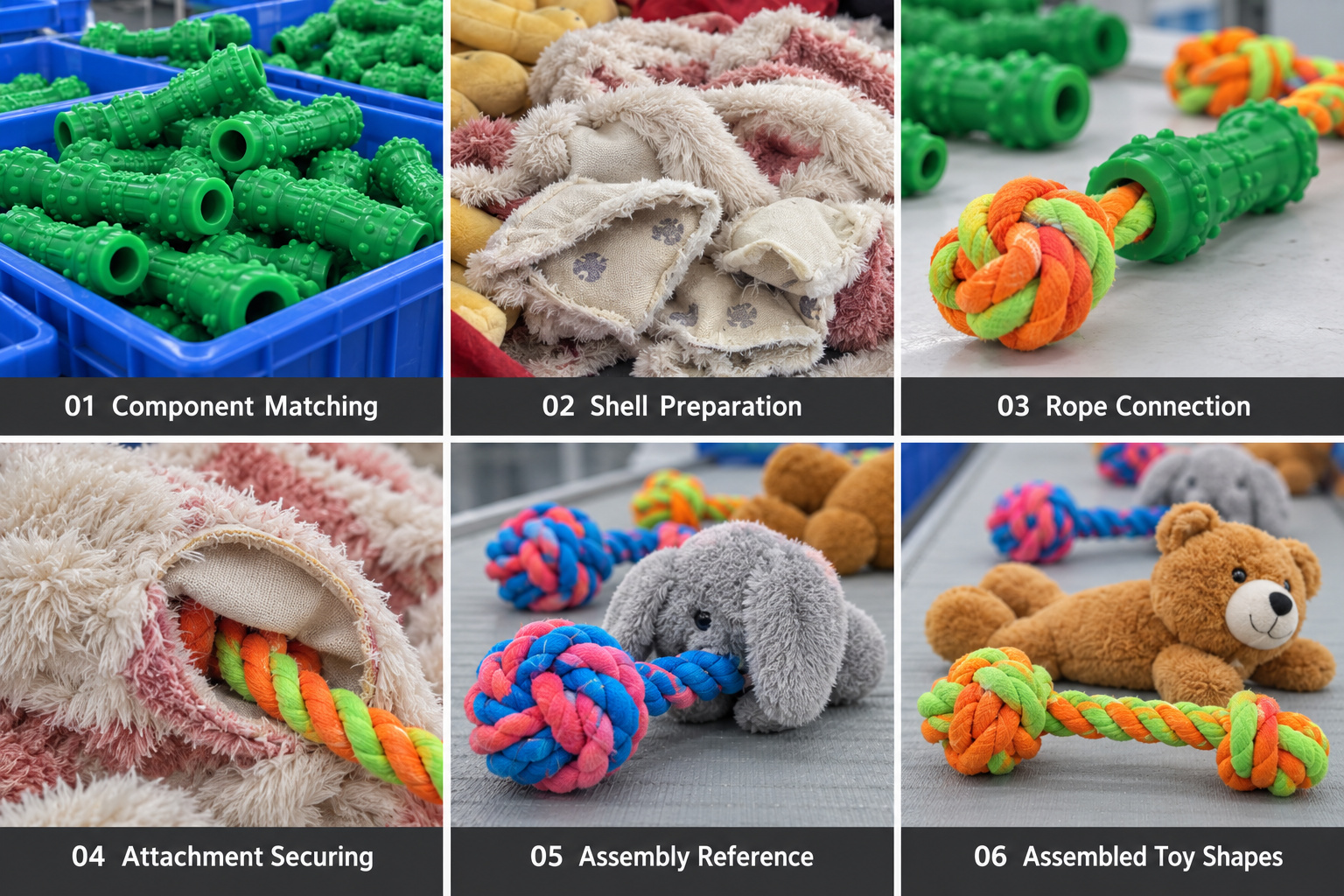 Pet toy component matching, rope connections and plush assembly.