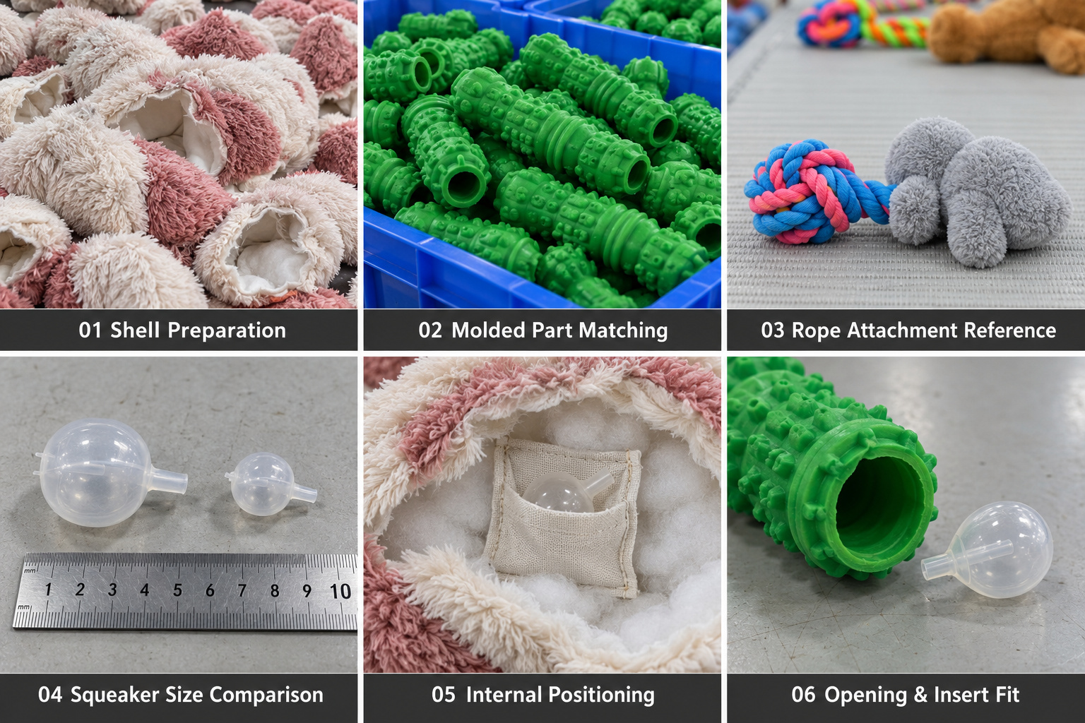 Pet toy components, squeaker sizes and assembly positioning.