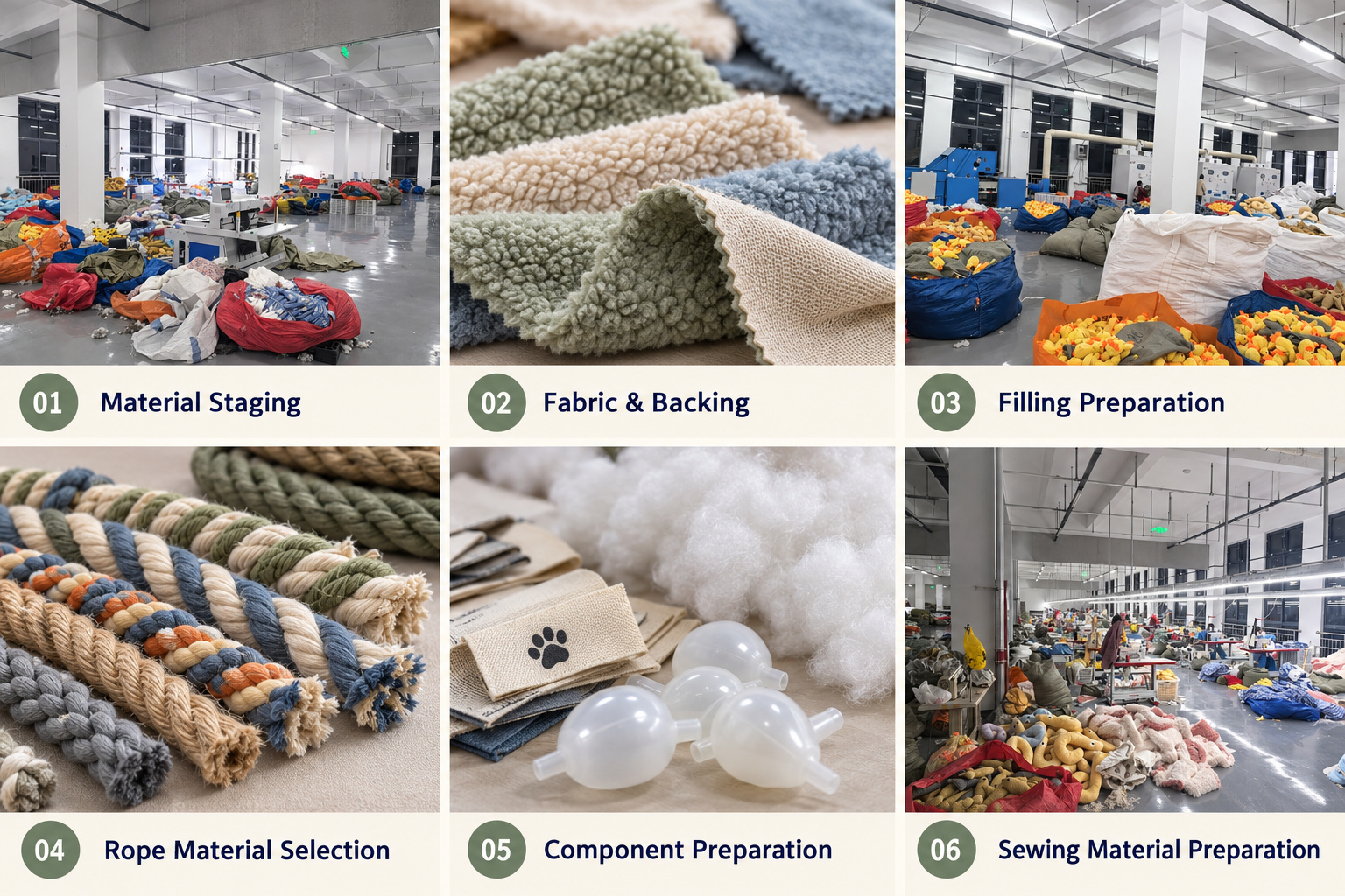 Pet toy fabric, filling and rope material preparation