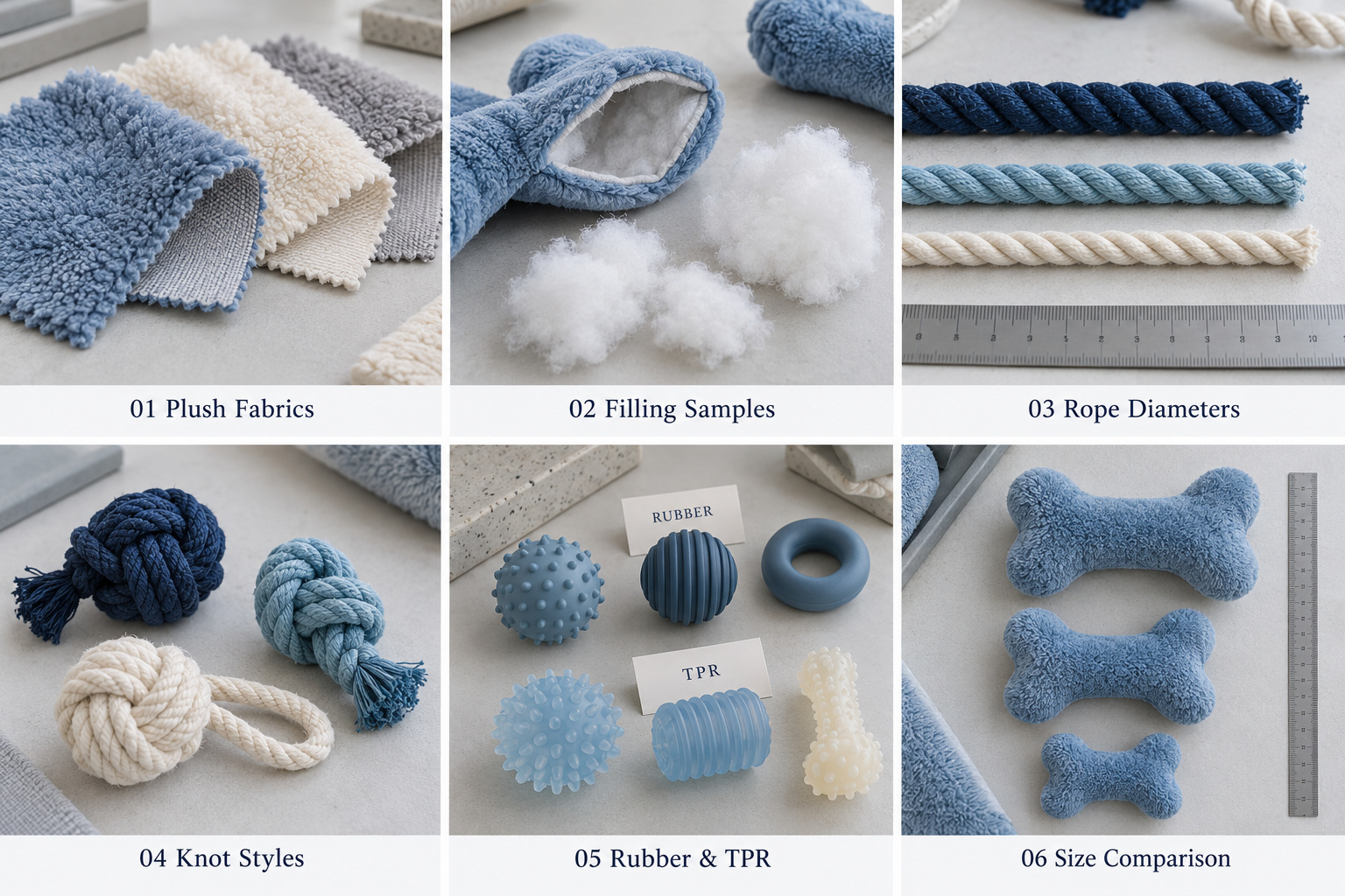 Pet toy material samples and size comparison