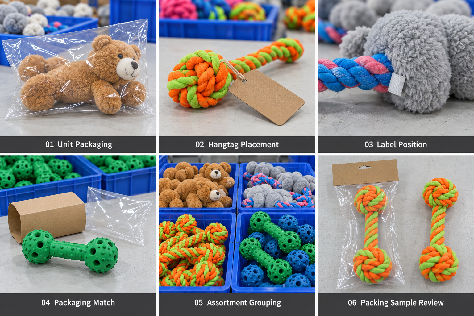 Pet toy packaging with bags, hangtags, labels and sample comparisons.