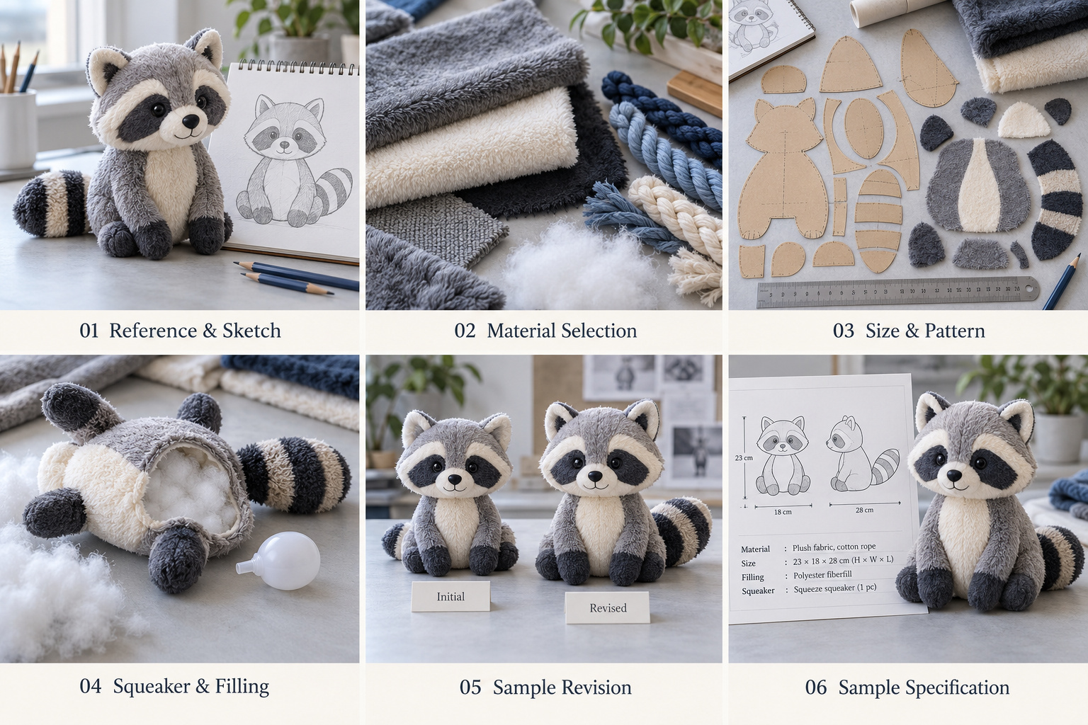 Pet toy sampling with raccoon designs and materials