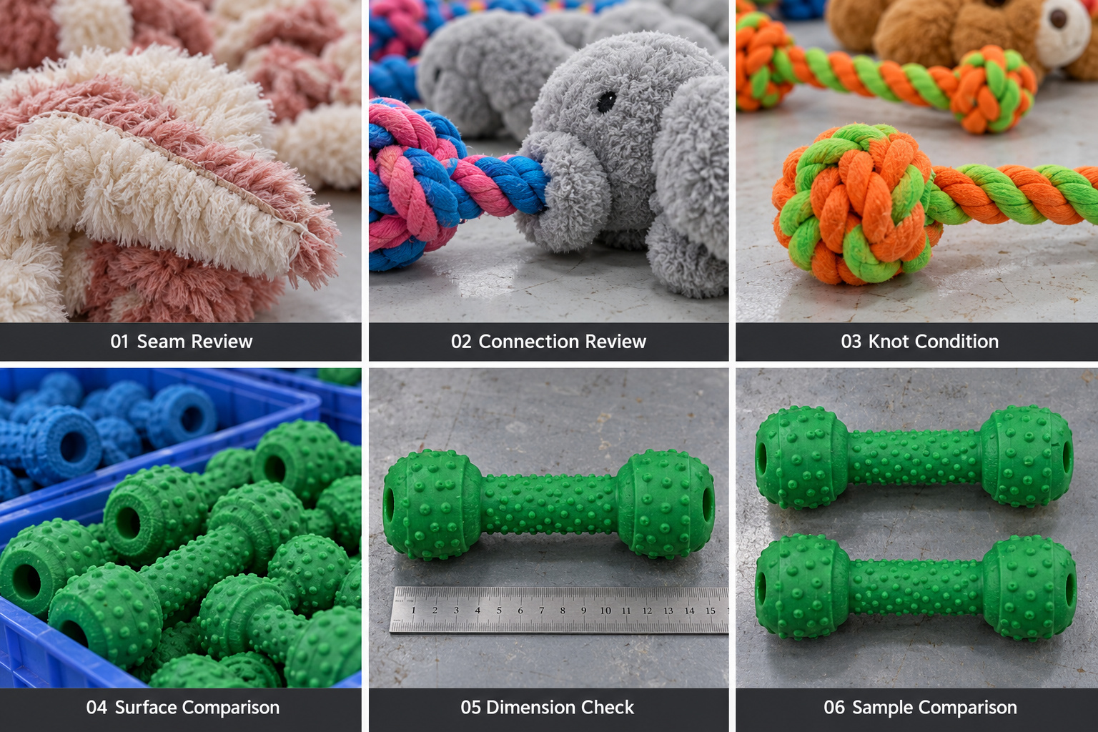 Pet toy seam, rope connection, surface and dimension checks.