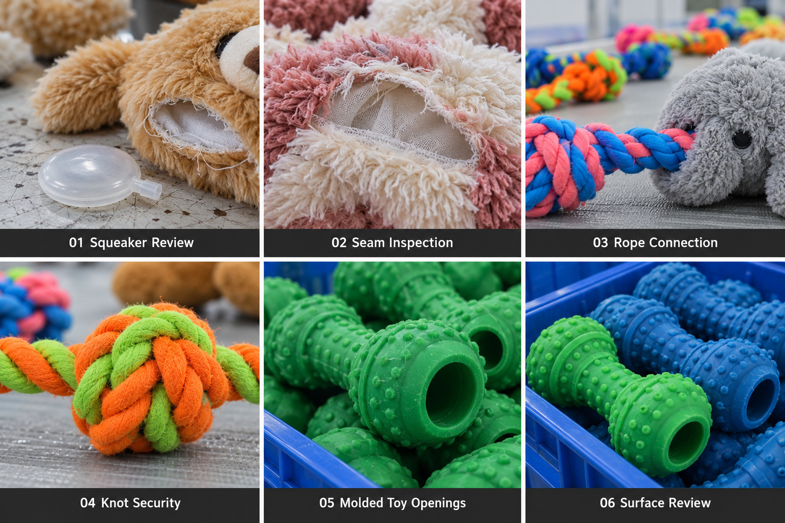 Pet toy squeaker, seam, rope knot and molded surface inspection details.