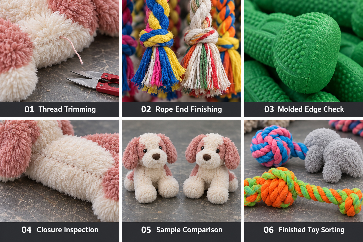 Pet toy thread trimming, rope end finishing and seam checks.
