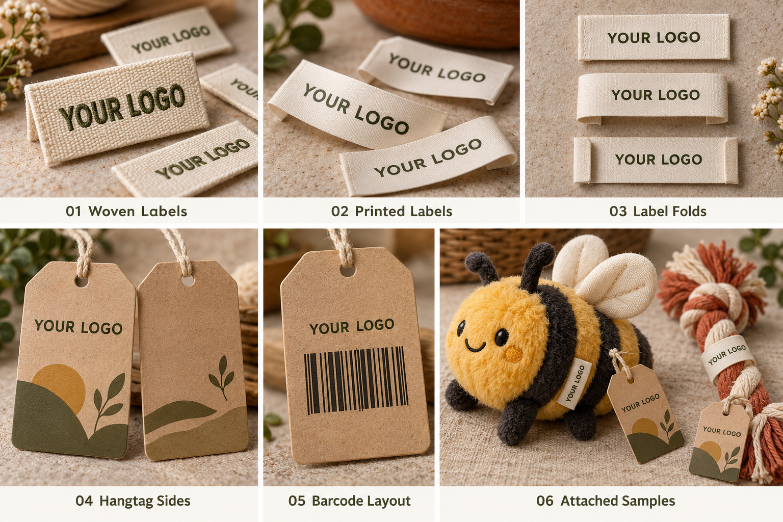 Pet toy woven labels and kraft paper hangtags