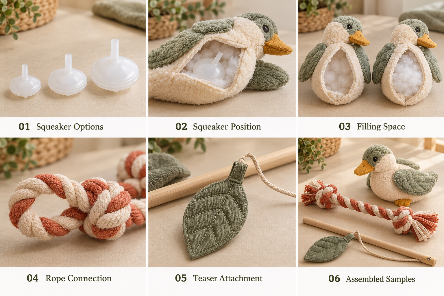 Plush duck squeaker and pet toy assembly details