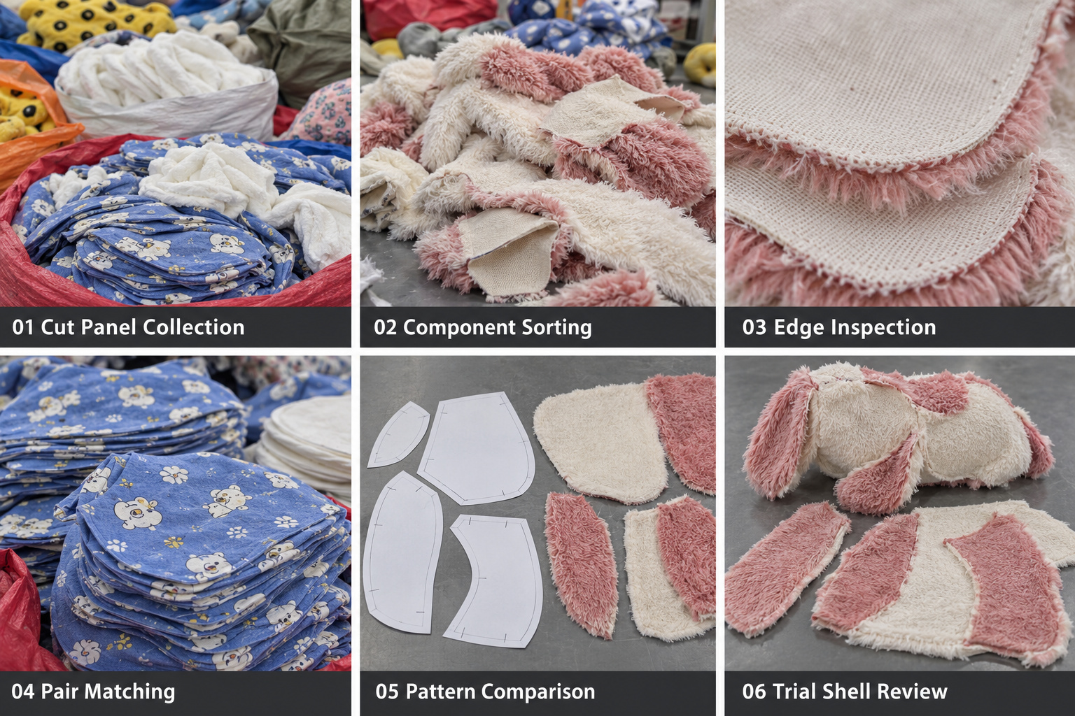 Plush pet toy cut panels, edge checks and trial sample comparison.