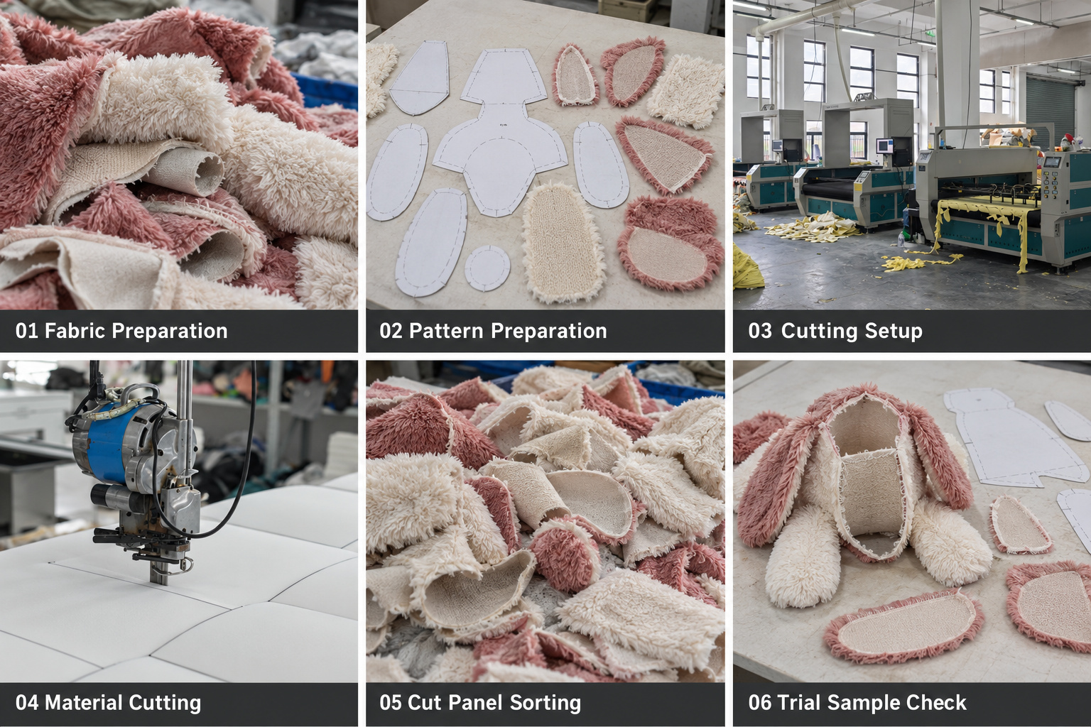 Plush pet toy fabric cutting, pattern preparation and sample checking.