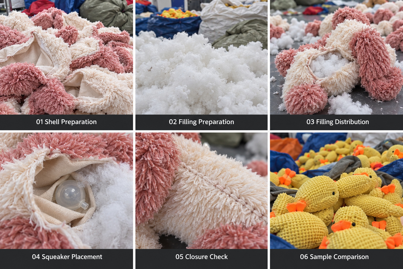 Plush pet toy filling, squeaker placement and closure checks.