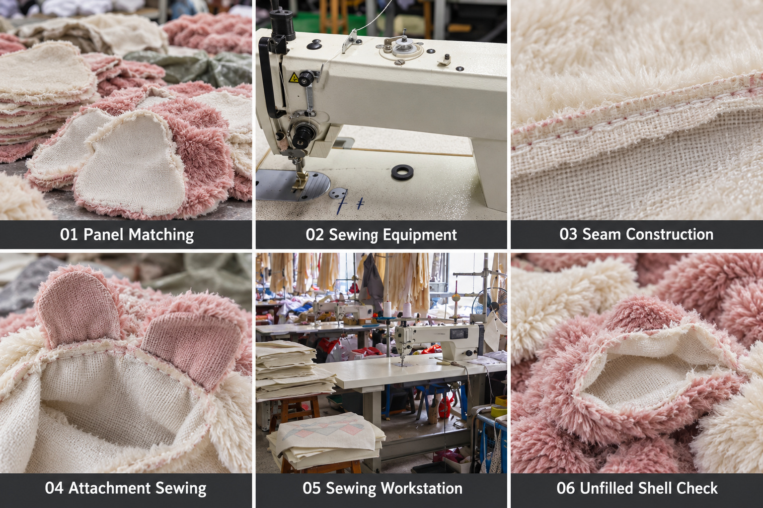Plush pet toy sewing equipment, seams and unfilled shells.