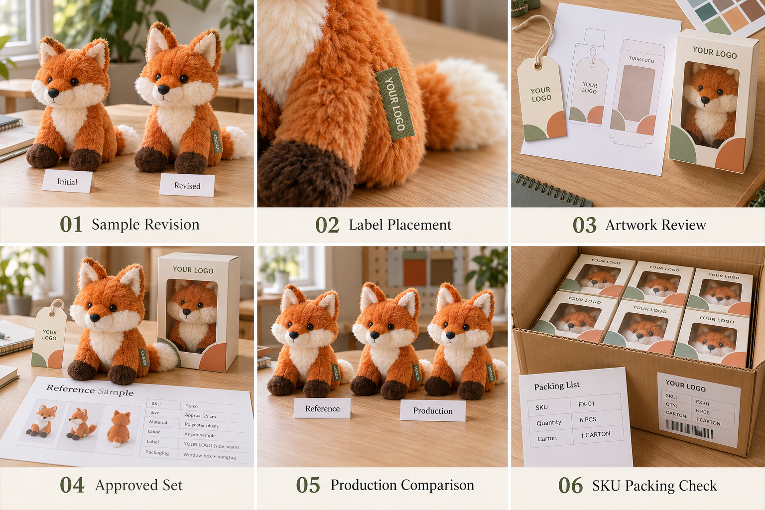 Private label fox toy samples and packaging checks