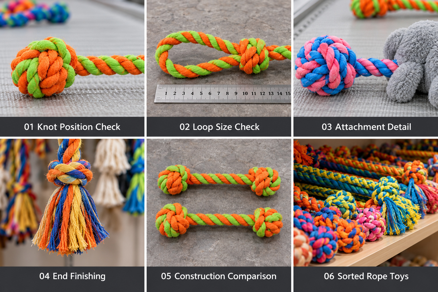Rope pet toy knots, loops, attachments and finished ends.
