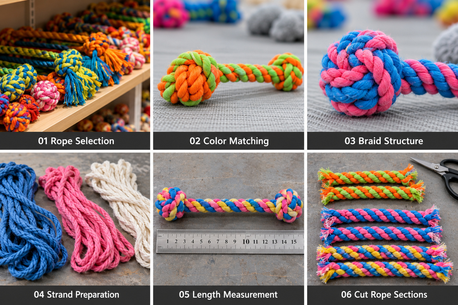 Rope pet toy materials, braid details and cut sections.