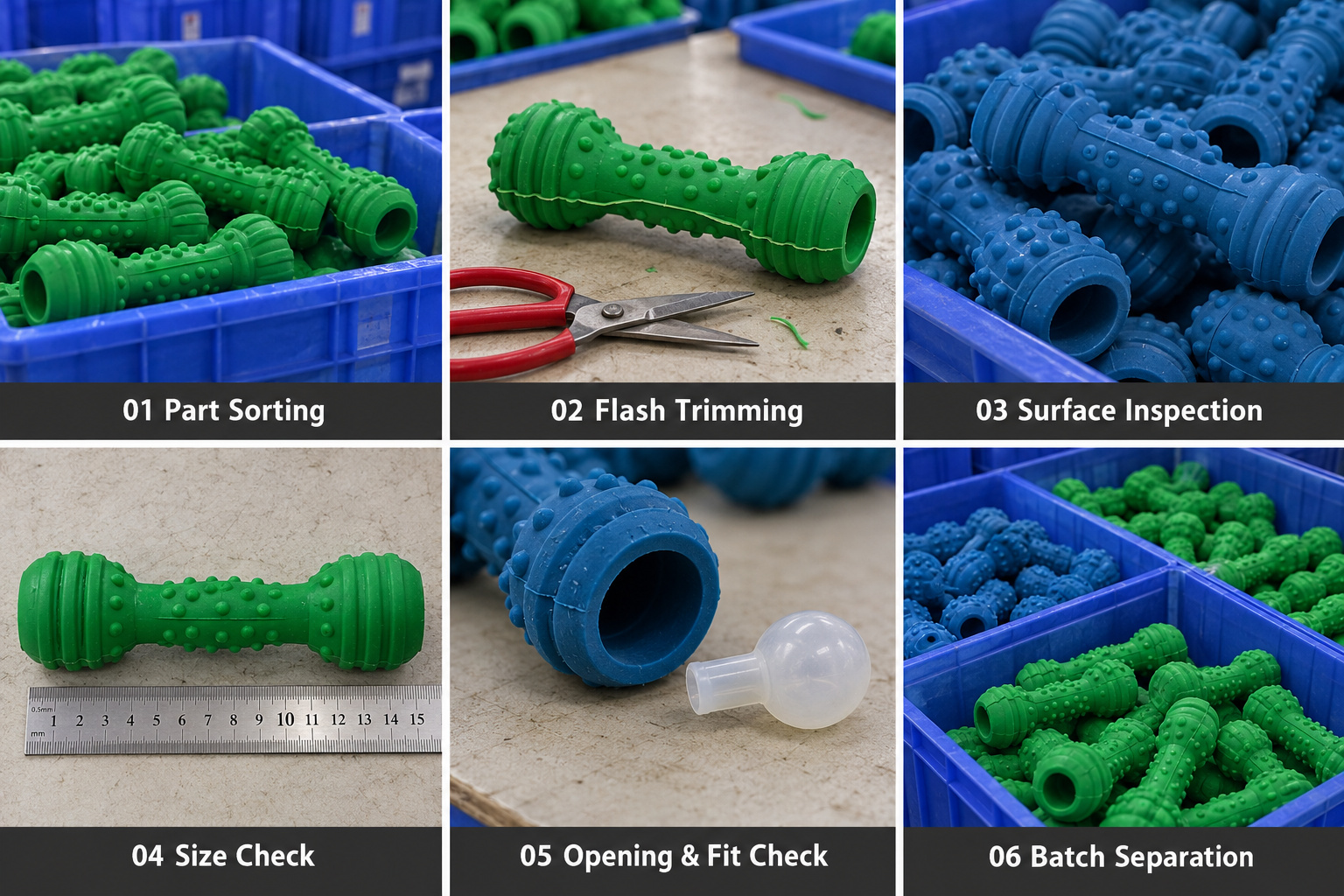 Rubber and TPR pet toy trimming, size checks and component inspection.