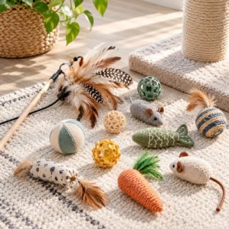 Wholesale cat toys including feather teasers, plush mice, catnip toys and interactive balls.