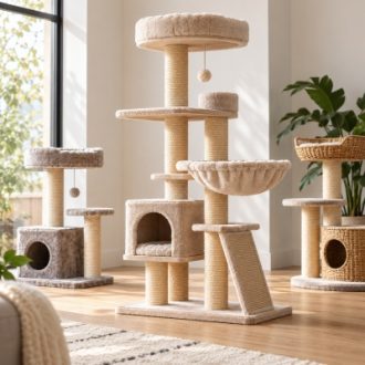 Wholesale cat trees featuring sisal scratching posts, plush platforms, cat houses and climbing structures.