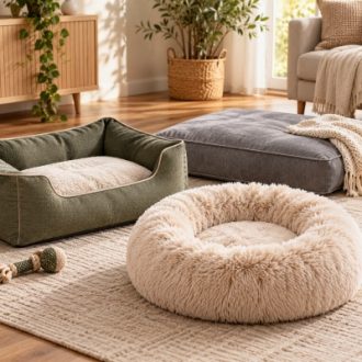 Wholesale pet beds including round plush beds, rectangular cushion beds and bolster pet beds.