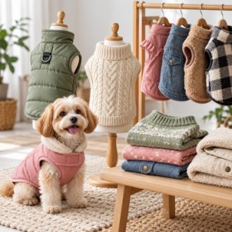 Wholesale pet clothes including dog sweaters, padded jackets, fleece coats and knitted apparel.