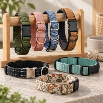 Assorted pet collars with nylon webbing, fabric straps, adjustable buckles and metal D-rings.